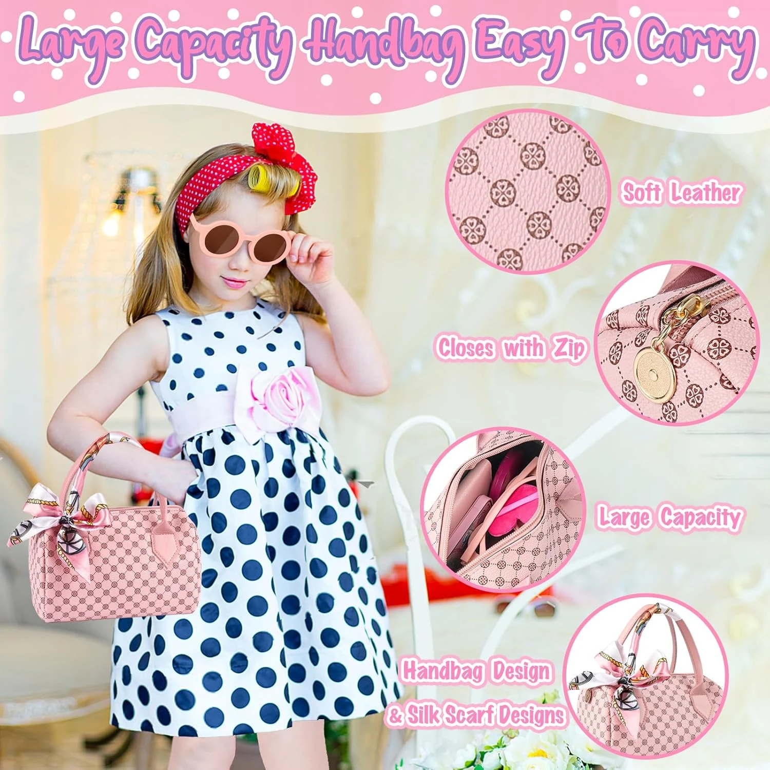 Play Purse for Little Girls, 32PCS Toddler Purse with Pretend Makeup for Kids, P